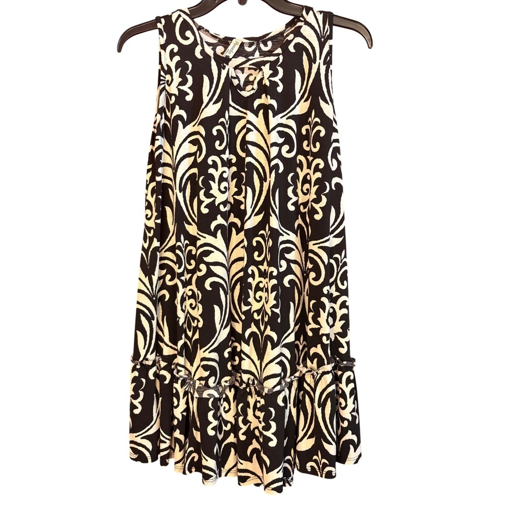 Pomelo Womens Damask Scroll Print Ruffle Hem Sleeveless Top Black White L‎